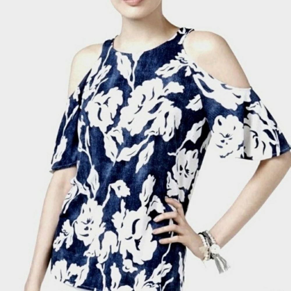 INC International Concepts Blue White Floral Cold Shoulder Top Plus Size XXL